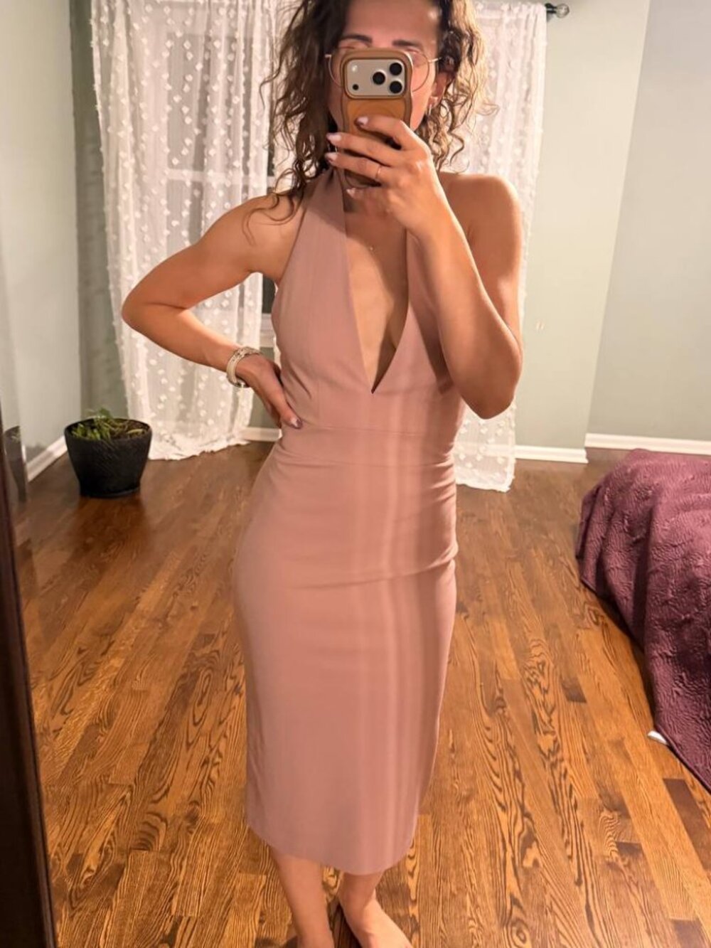 Dress the Population Blush Pink Halter V-Neck Midi Dress